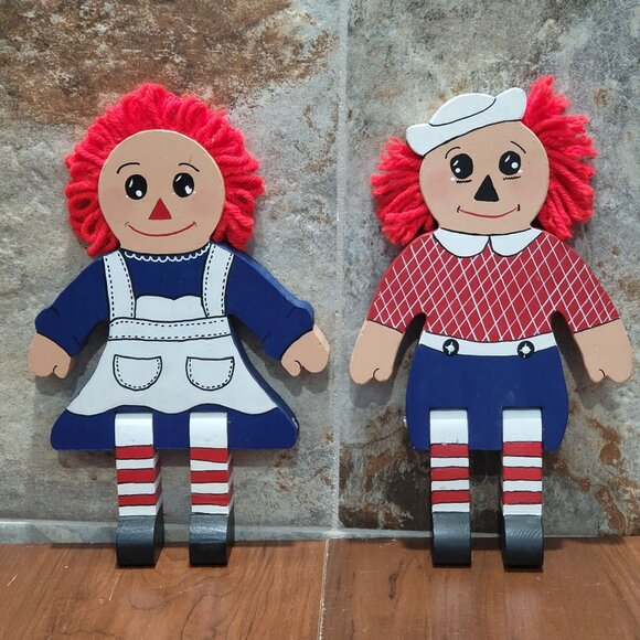 Vintage Wooden Raggedy Ann and Andy Wooden Shelf Sitters Decor Doll Figures